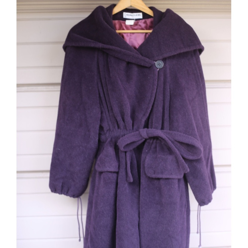 Vintage Sonia Rykiel Purple Hooded Coat with Belt Pockets M L Princess Wool 80s